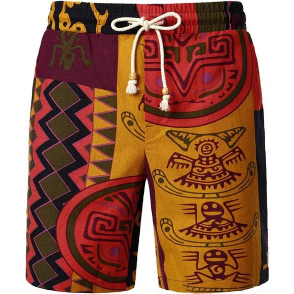 Men's Summer 2 Piece Set Cotton Linen Ethnic Style Printed Outfit with Pockets - Picture 5 of 7